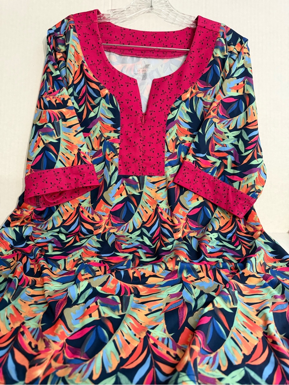Reel Legends Tropical Leaf Print Blouse with Hot Pink Trim
